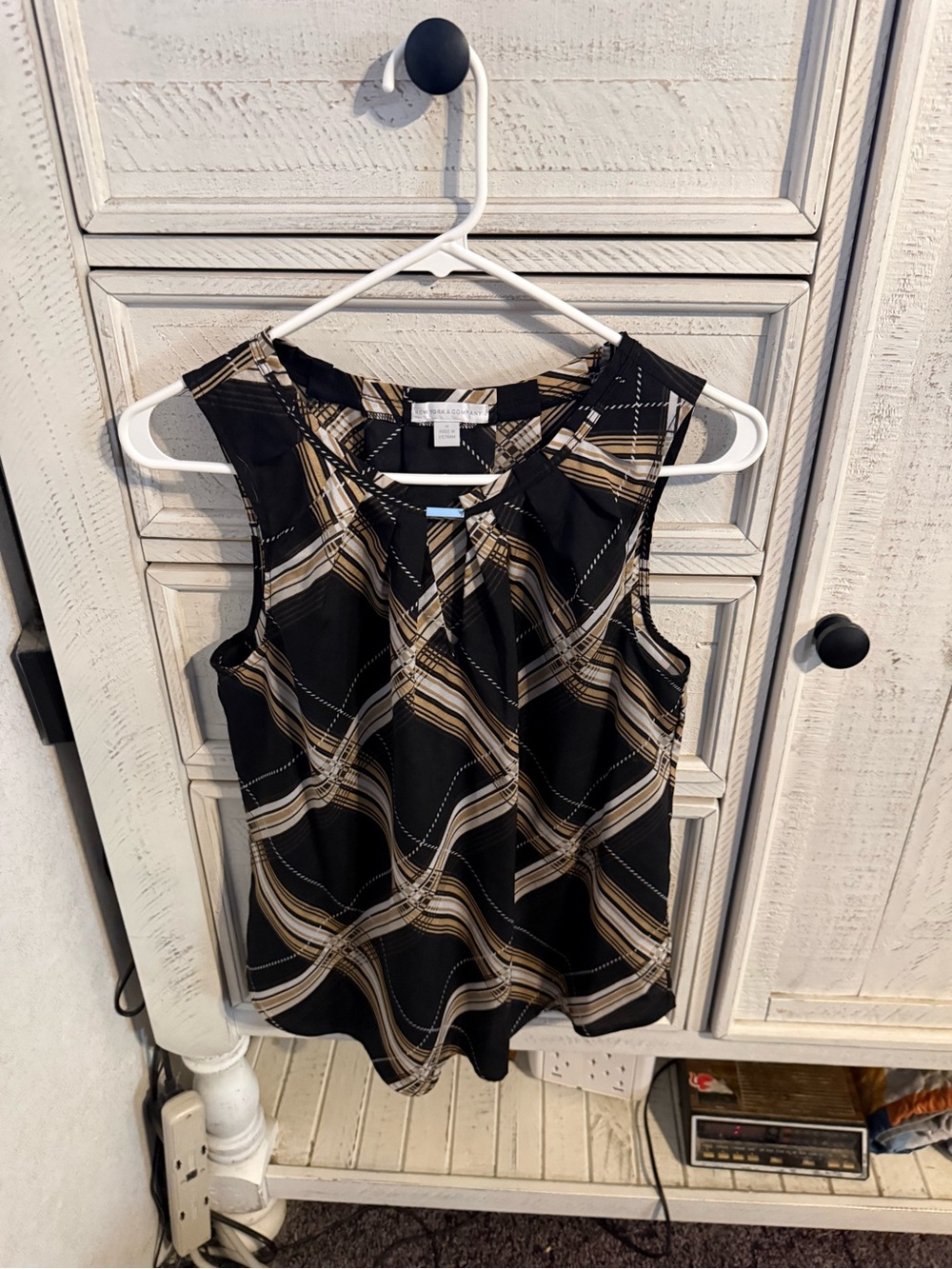 New York & Company Black and Beige Plaid Sleeveless Blouse